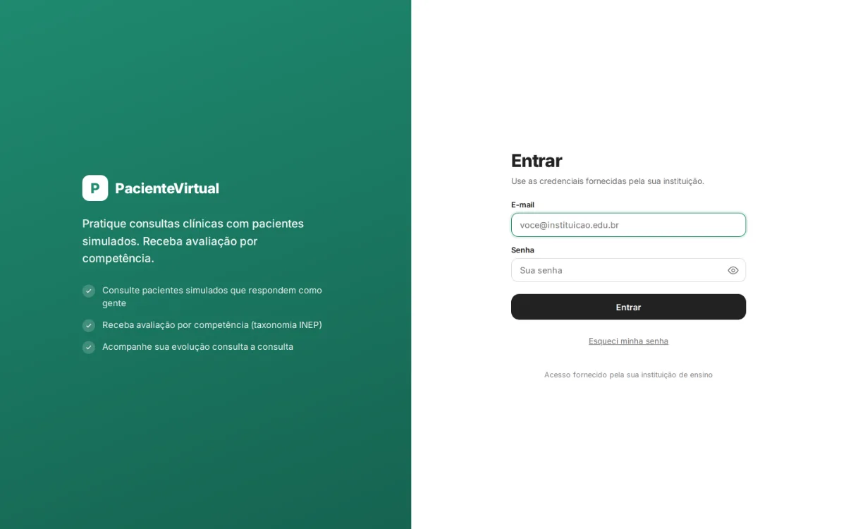 Tela de entrada do Paciente Virtual, com a avaliação por competência descrita ao lado do acesso fornecido pela instituição de ensino.